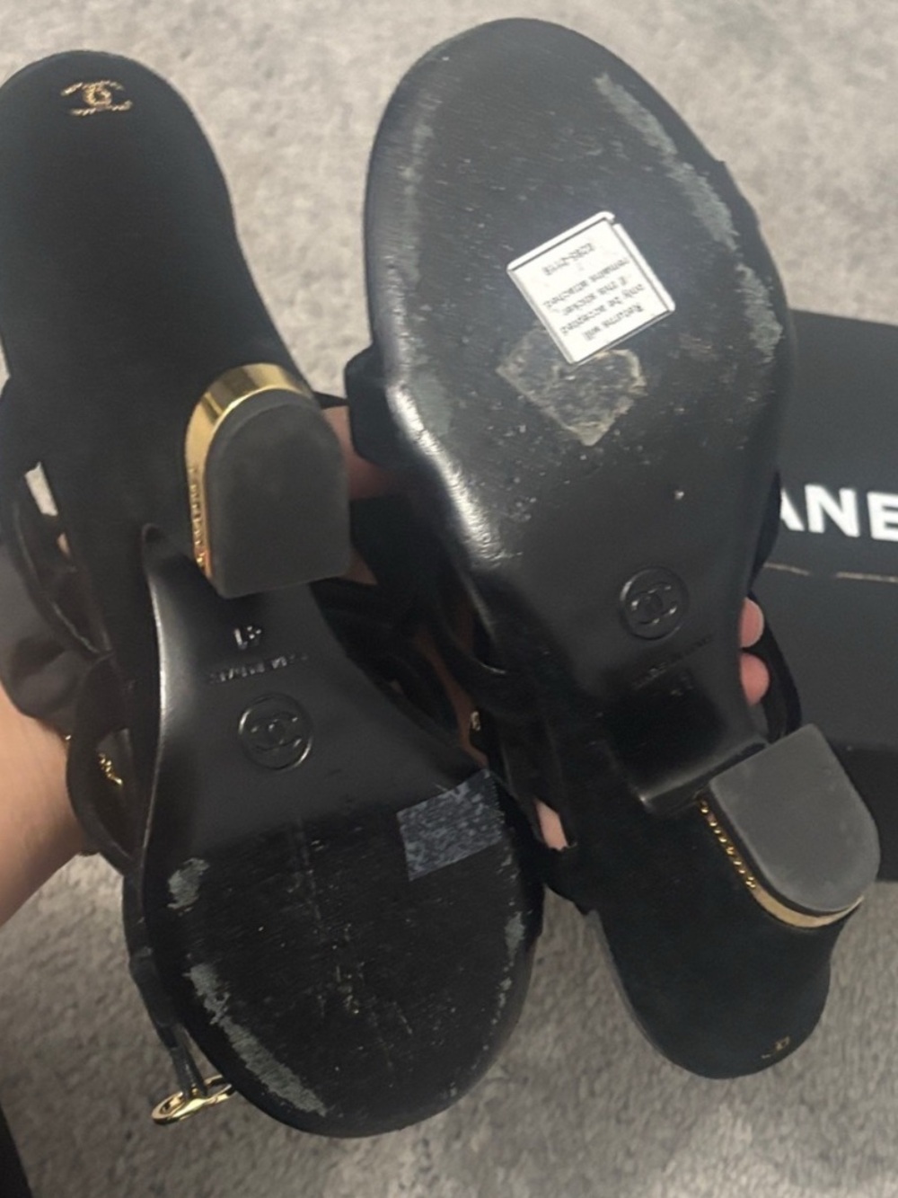 100% authentic Chanel Black Suede Strappy Heel Sandals with Gold Logo Accent - Picture 7 of 9